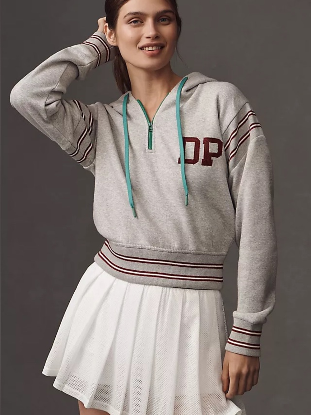 Anthropologie Daily Practice Gray Hoodie with Teal Drawstrings